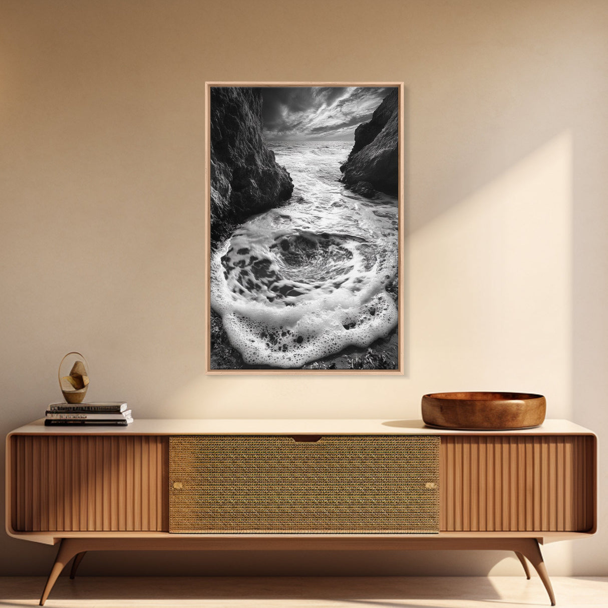Sea Whirlpool, Dramatic Ocean, Coastal Rocks, Nature Motion, Framed Canvas Print, Bathroom Art, Modern Seaside Wall Decor
