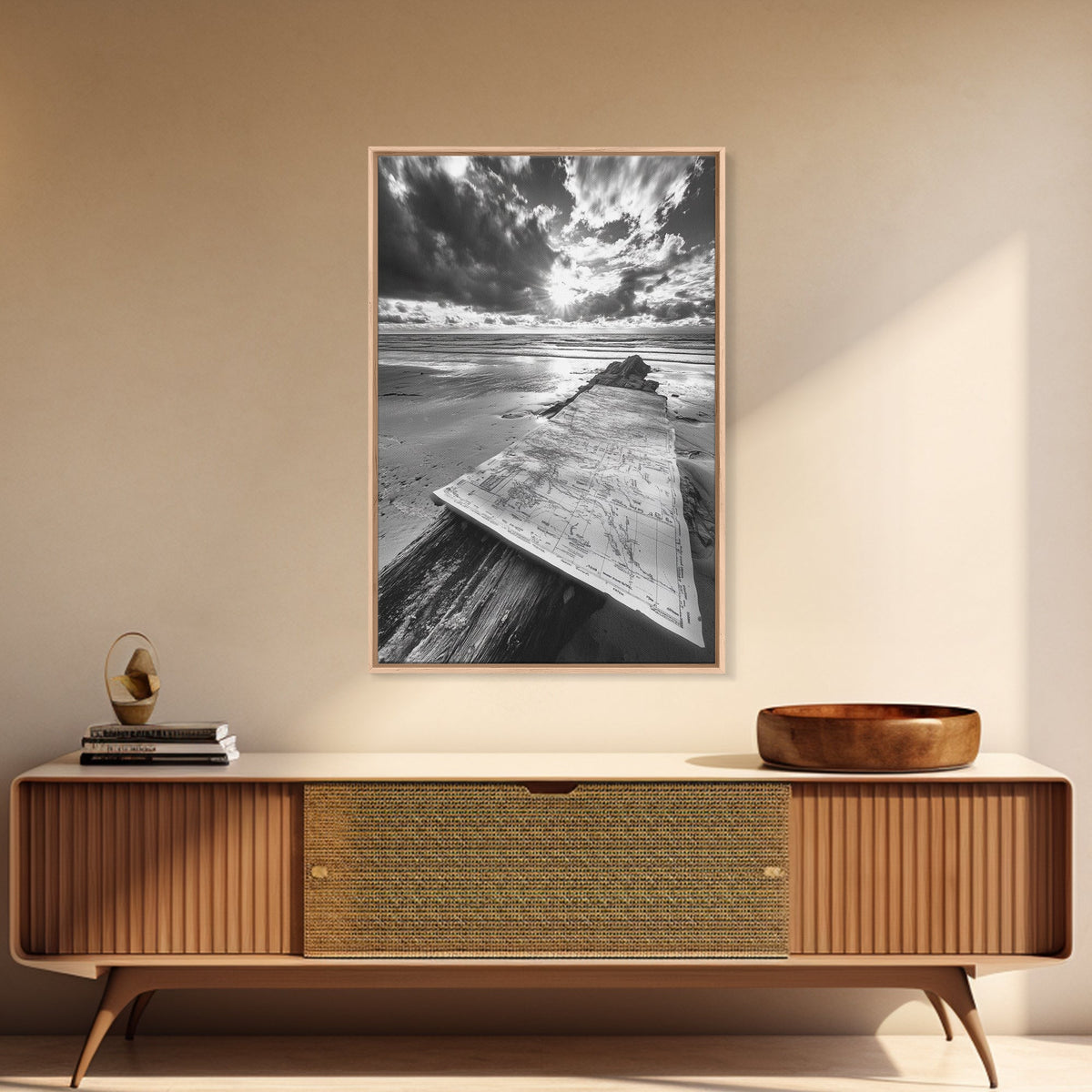 Map On Beach, Travel Adventure Art, Wanderlust Decor, Coastal Office Style, Framed Canvas Print, Explorer Aesthetic, Black White Scene
