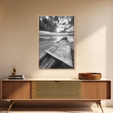 Map On Beach, Travel Adventure Art, Wanderlust Decor, Coastal Office Style, Framed Canvas Print, Explorer Aesthetic, Black White Scene