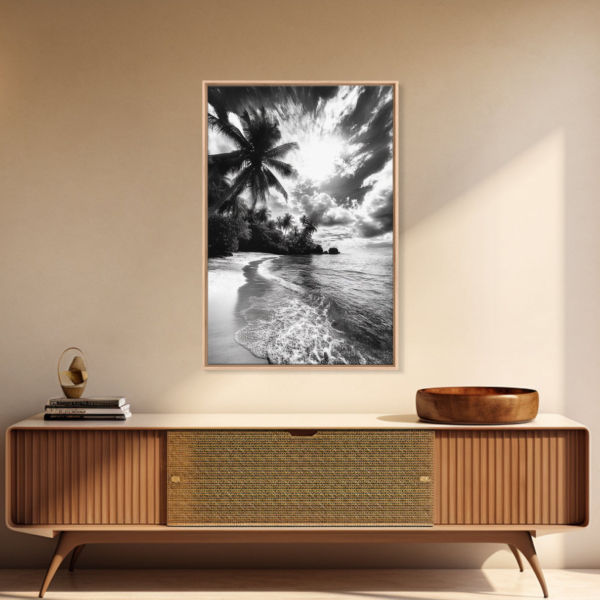 Tropical Sunset Beach, Palms and Waves, Cloudy Skies, Island Vibes, Framed Canvas Print, Coastal Wall Art, Beach House Decor