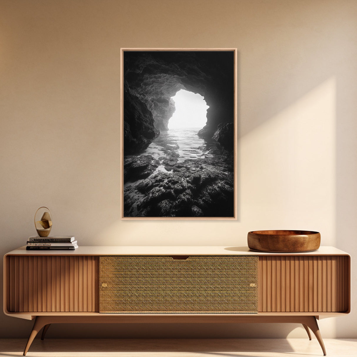 Sea Cave Entrance, Ocean Grotto, Light Escape, Rocky Tide, Canvas Print, Bathroom Wall Art, Black and White Seascape Photo