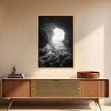 Sea Cave Entrance, Ocean Grotto, Light Escape, Rocky Tide, Canvas Print, Bathroom Wall Art, Black and White Seascape Photo