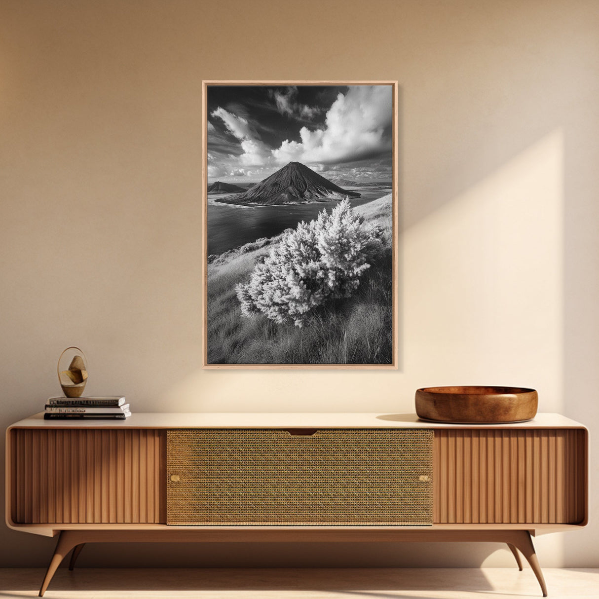 Majestic Volcano, Wild Grass, Black and White, Framed Canvas Print, Nature Photography, Office Decor, Moody Art, Rustic Wall Art