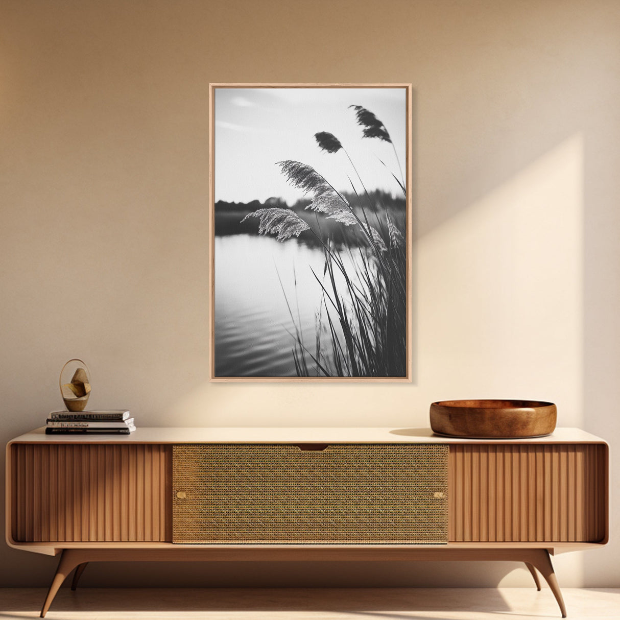 Reed Grass, Gentle Breeze, Black and White Nature, Canvas Print, Minimalist Wall Art, Tranquil Lake Scene, Bedroom Decor