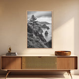 Oregon Coastline View, Misty Cliffs, Evergreen Forest, Coastal Vibes, Framed Canvas Print, Rustic Cabin Art, Living Room Wall Decor