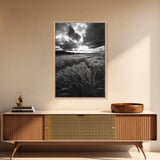 Golden Grass Field, Dramatic Sunset, Autumn Skies, Nature Movement, Framed Canvas Print, Fall Landscape Art, Living Room Decor