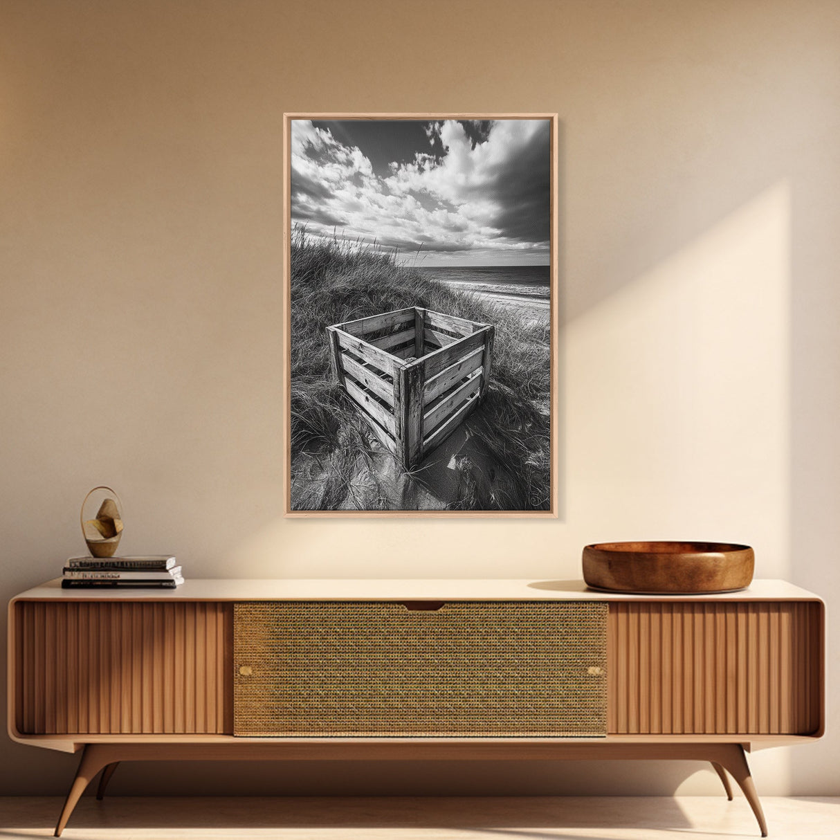Weathered Crate, Ocean Dunes, Coastal Photography, Canvas Print, Beach House Wall Art, Minimalist Rustic Decor, Bathroom Wall Art