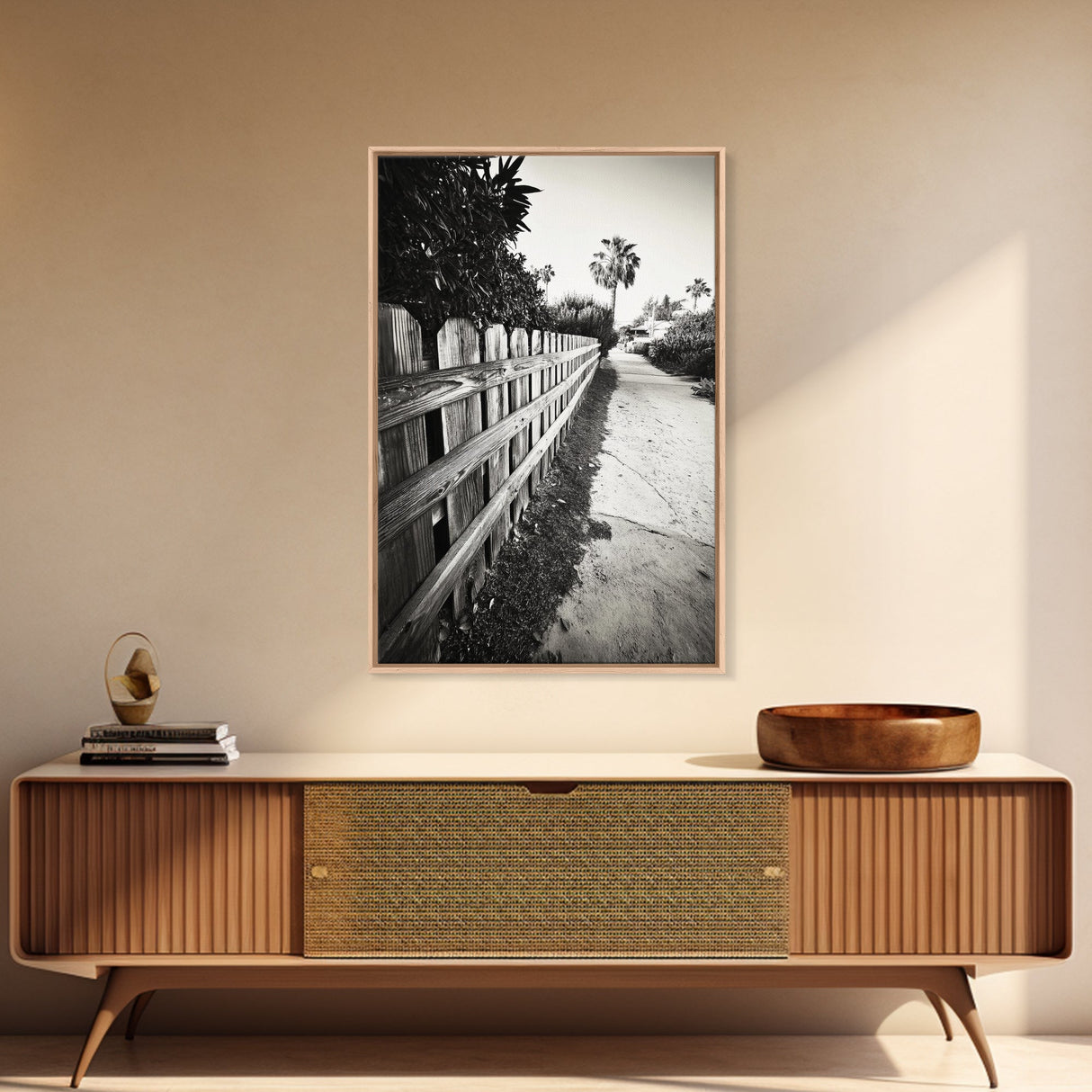 Palm Fence, California Pathway, Suburban Tranquility, Canvas Print, Outdoor Wall Art, Neutral Tones, Modern Minimalist Home Vibe