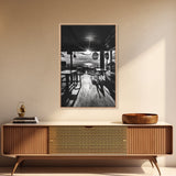 Ocean, Deck, Sunset, Rays - Golden hour beach bar shadows, Canvas Print, perfect dining room or kitchen wall art, rustic coastal decor