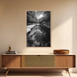 River Reflection, Nature Calm, Forest Stream, Canvas Print, Black and White Landscape Wall Art, Rustic Bathroom Decor, Tranquil Home Vibe