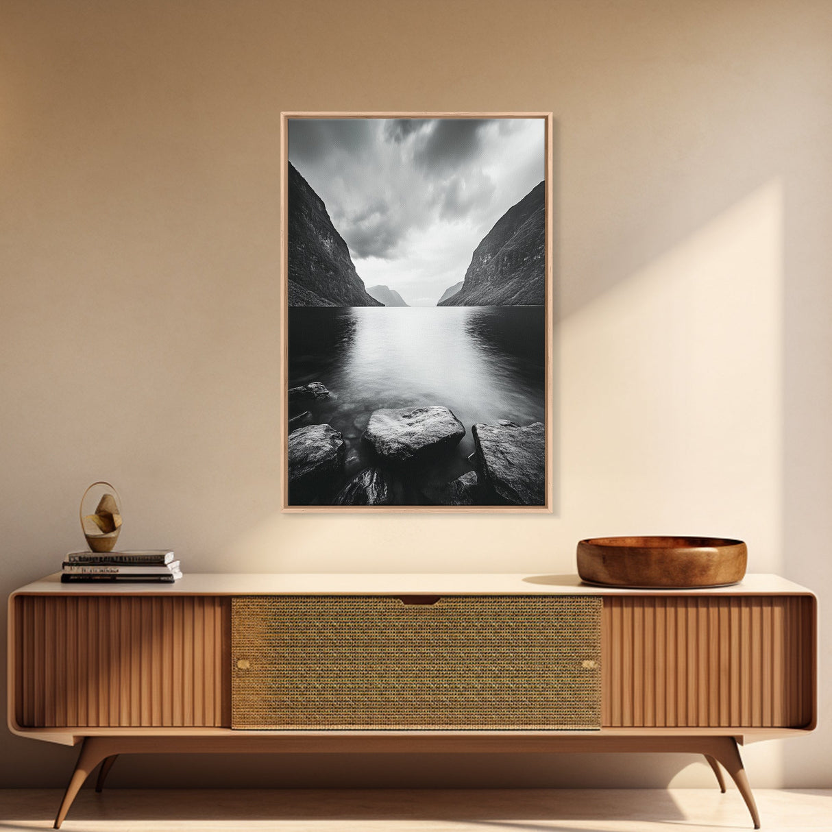 Mountain Lake, Nordic Fjord, Moody Water, Framed Canvas Print, Minimalist Wall Art, Serene Living Room Decor, Monochrome Nature Scene