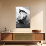 Driftwood Shore, Tidal Beauty, Washed Wood, Canvas Print, Coastal Beach Wall Art, Minimalist Bathroom Decor, Black and White Ocean Scene