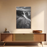 Coastal Cliffs, Ocean Rocks, Tall Grass, Canvas Print, Windswept Landscape Art, Beach House Wall Decor, Monochrome Nature Scene