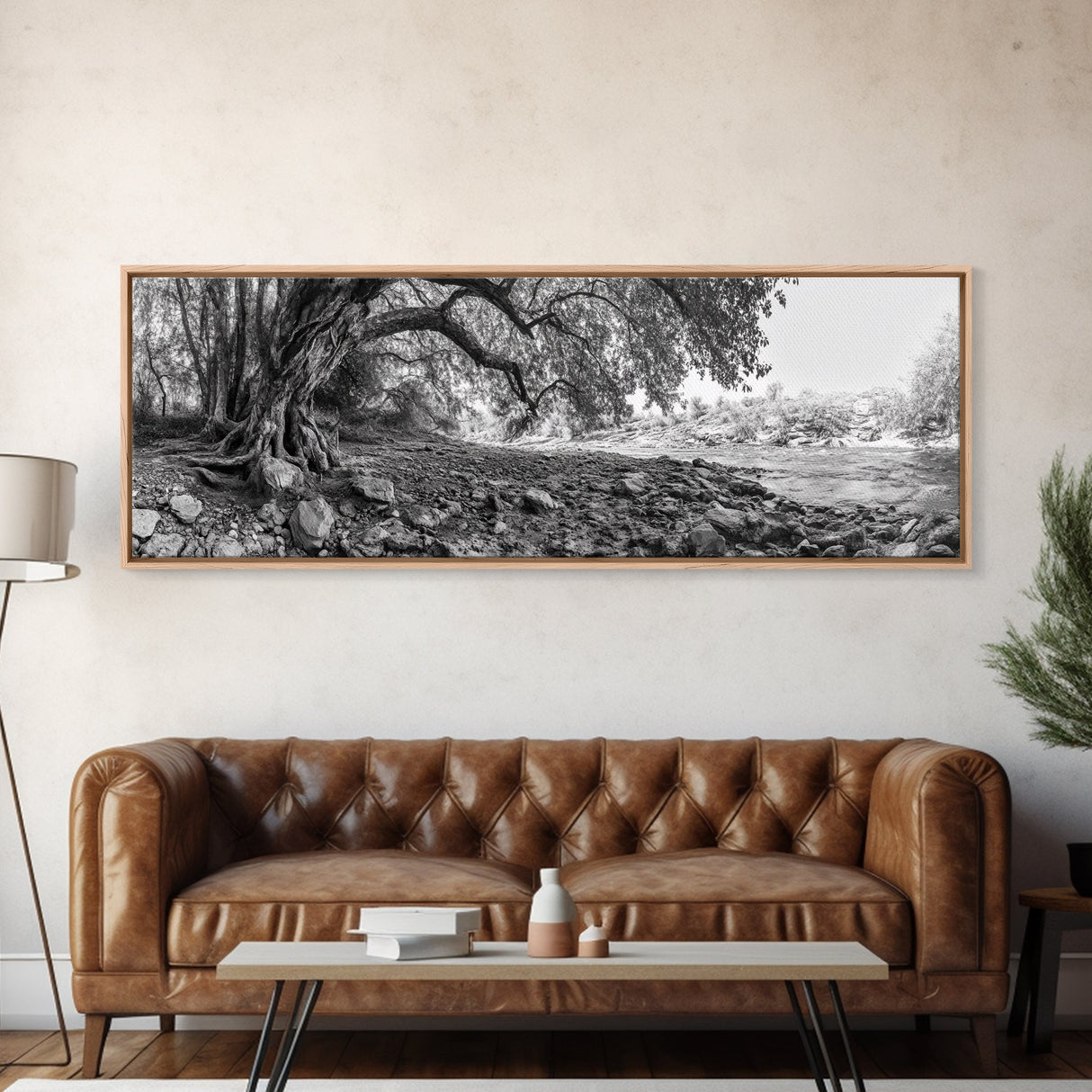 River Tree Roots, Tranquil Forest Landscape, Nature Wall Decor, Framed Canvas Print, Living Room Art, Black and White Earthy Style