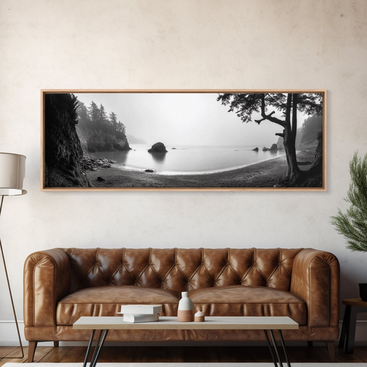 Misty Cove, Pacific Coast, Tranquil Shore, Canvas Print, Zen Nature Wall Art, Bathroom Decor, Moody Black and White Art