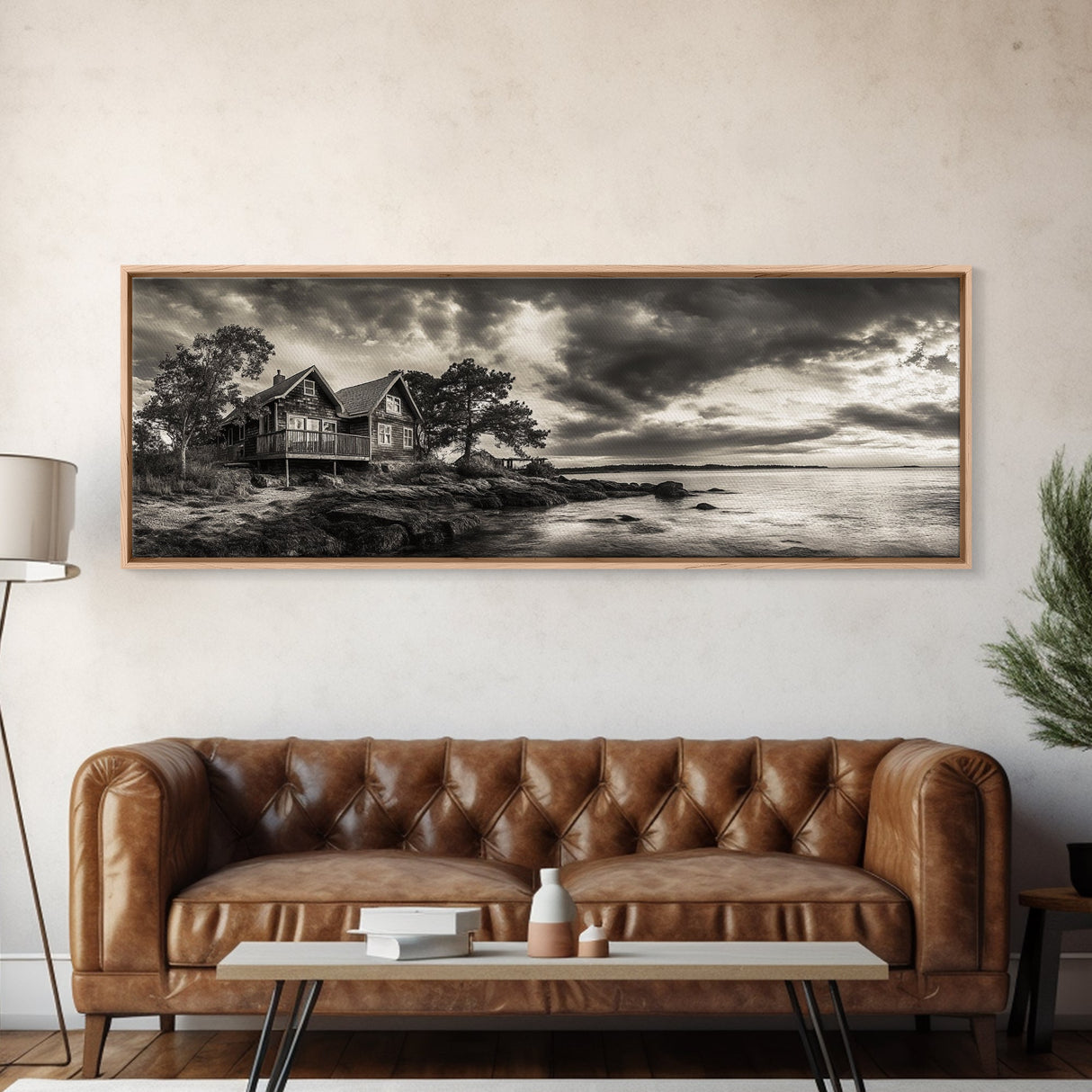 Lakeside Cabin, Stormy Sky, Rustic Escape, Framed Canvas Print, Cabin Wall Art, Lake House Decor, Autumn Living Room Art, Cozy Lodge Style