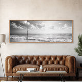 Beach Fishing, Ocean Waves, Rod and Reel, Framed Canvas Print, Coastal Living Wall Art, Minimalist Nautical Decor, Beach House Aesthetic