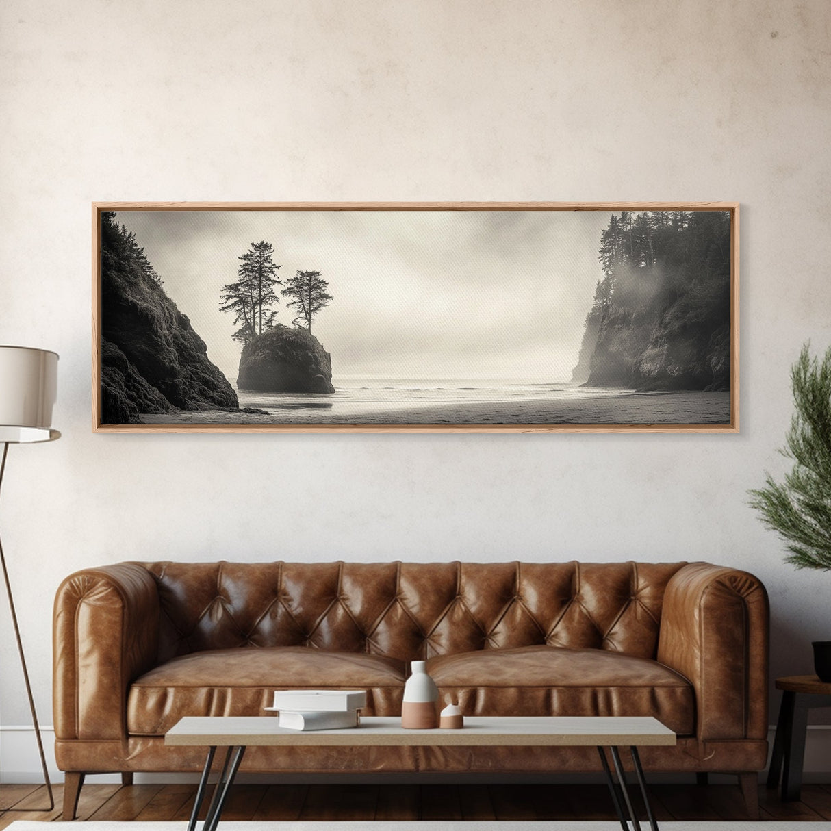 Foggy Beach, Coastal Pines, Ocean Cliffside, Nature Escape, Framed Canvas Print, Moody Wall Art, Living Room Decor, Pacific Northwest Style