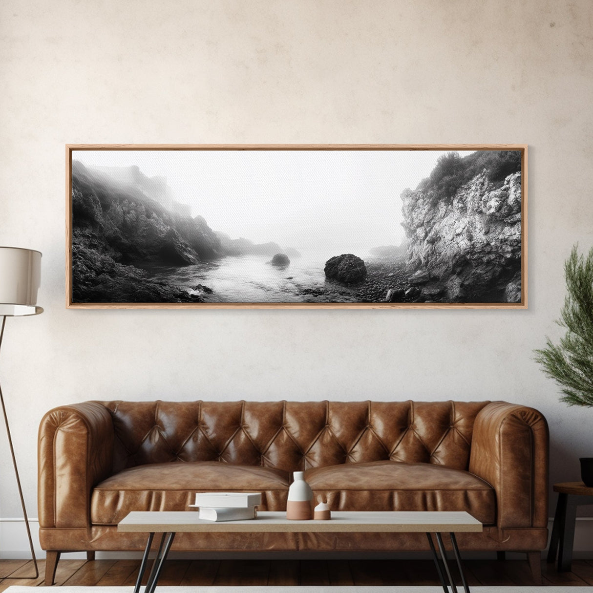 Rocky Cove, Coastal Mist, Foggy Morning, Cliffside Ocean, Canvas Print, Monochrome Wall Art, Bathroom Art, Minimalist Photography