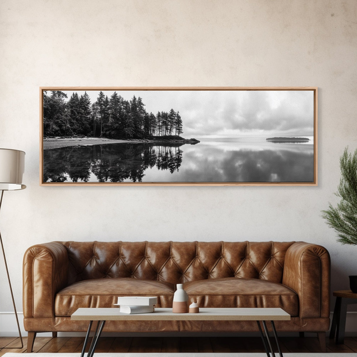 Reflected Pines, Quiet Lake, Forest Island, Calm Waters, Framed Canvas Print, Nature Photography, Minimal Wall Art, Office Decor