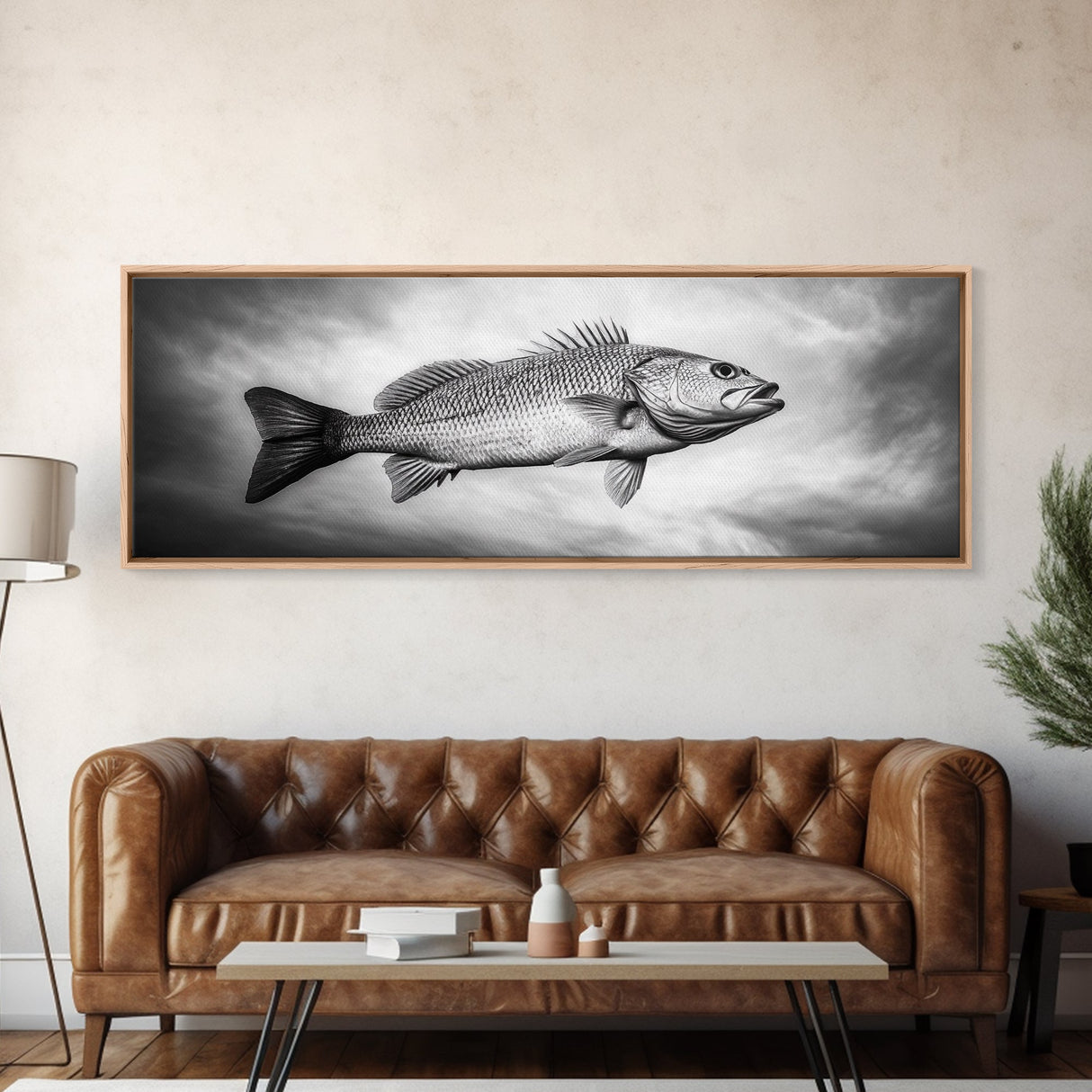 Floating Fish, Surreal Ocean, Realistic Scales, Sky Scene, Framed Canvas Print, Nautical Wall Art, Coastal Decor, Fishing Cabin Aesthetic