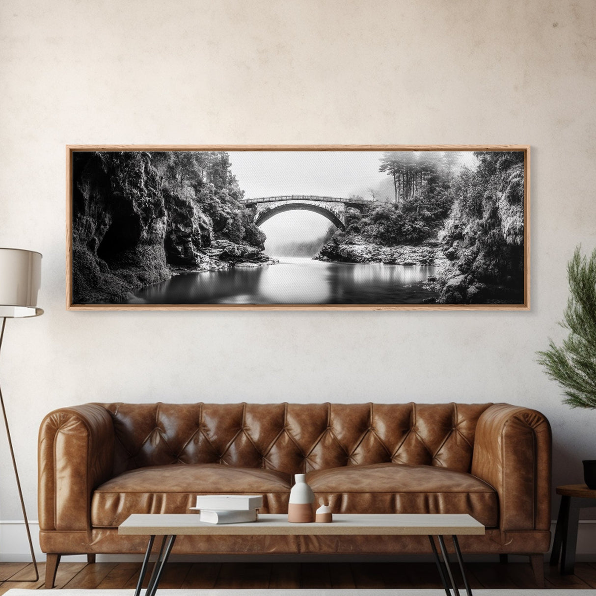 Stone Bridge, Forest River, Morning Mist, Canvas Print, Black and White Landscape, Nature Wall Art, Rustic Bathroom Art, Den Decor