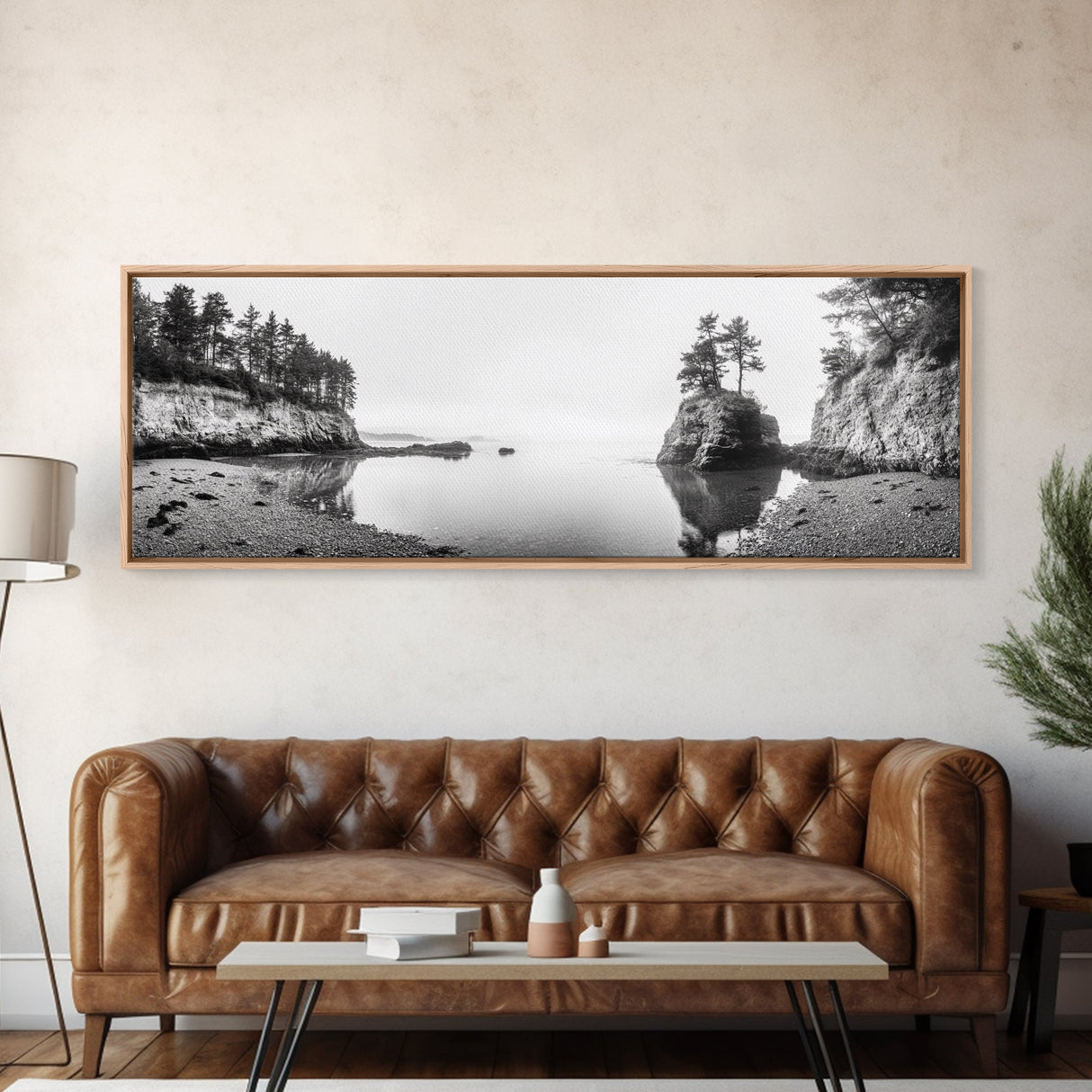 Forest Cove, Serene Shoreline, Calm Reflections, Canvas Print, peaceful nature wall art, neutral tones decor, minimalist bathroom artwork