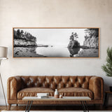Forest Cove, Serene Shoreline, Calm Reflections, Canvas Print, peaceful nature wall art, neutral tones decor, minimalist bathroom artwork