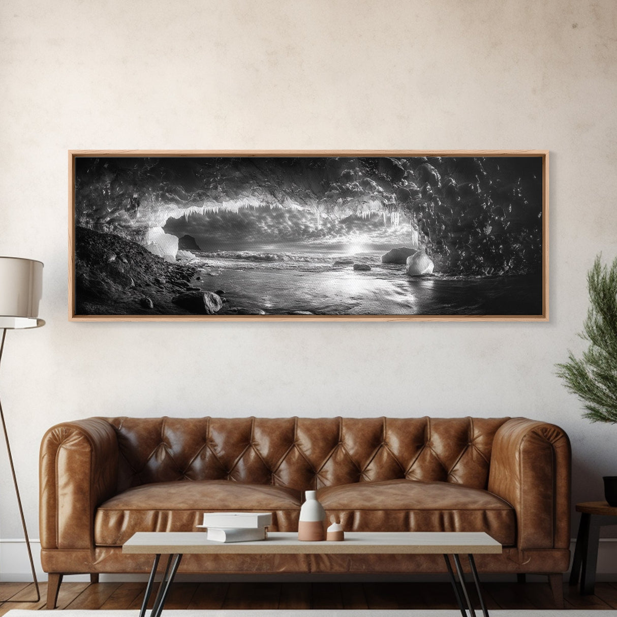 Ice Cave, Winter Seascape, Arctic Sunset, Canvas Print, dramatic frozen landscape art, black and white Christmas decor, cozy winter home art