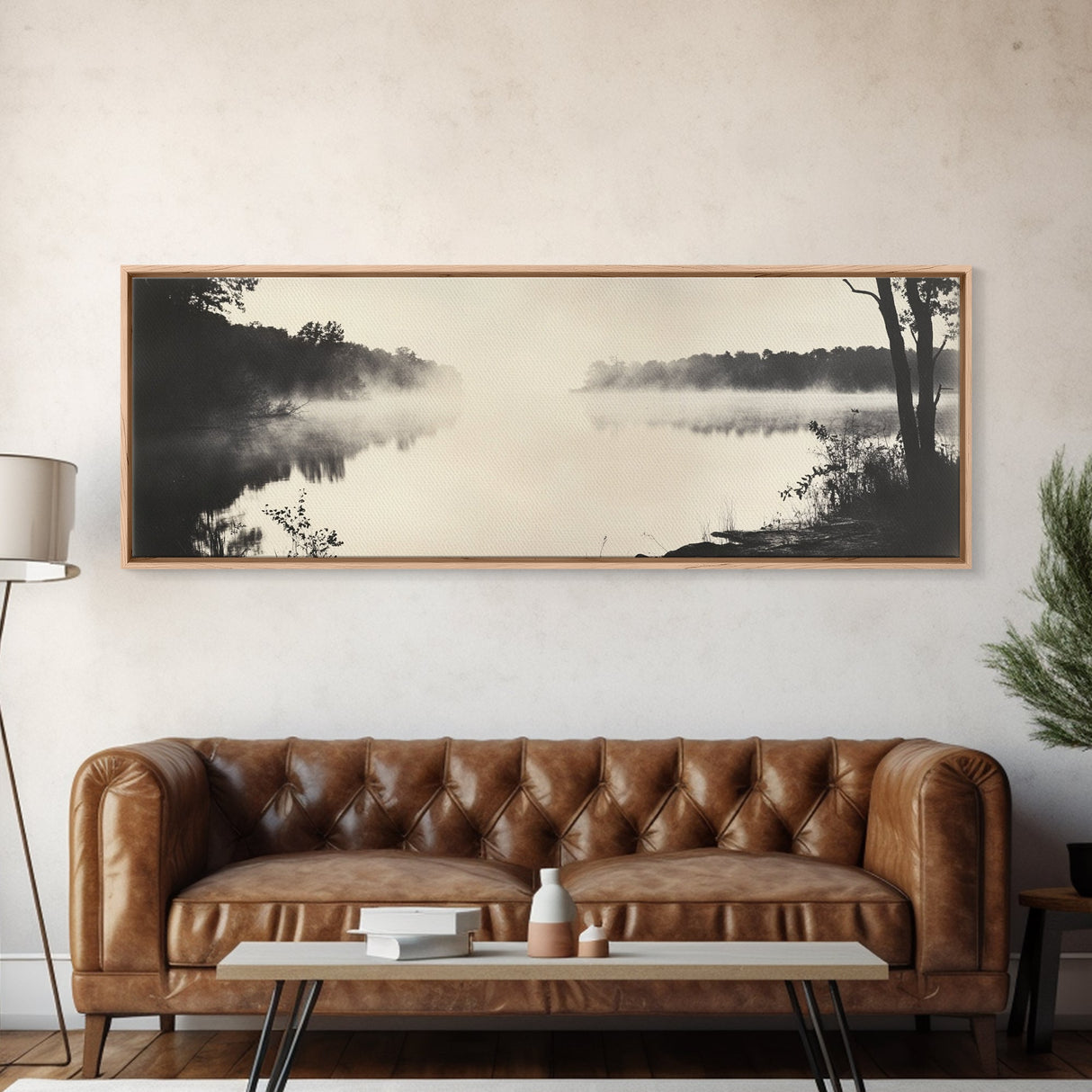 Misty River, Forest Reflection, Black and White Nature, Framed Canvas Print, Tranquil Decor, Bedroom Wall Art, Moody Minimalist Art