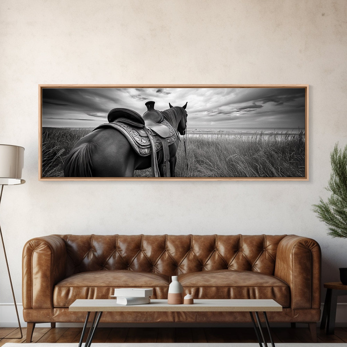 Western Horse Beach, Saddle Detail Horizon, Equestrian Art, Framed Canvas Print, Farmhouse Wall Art, Cowboy Country Decor