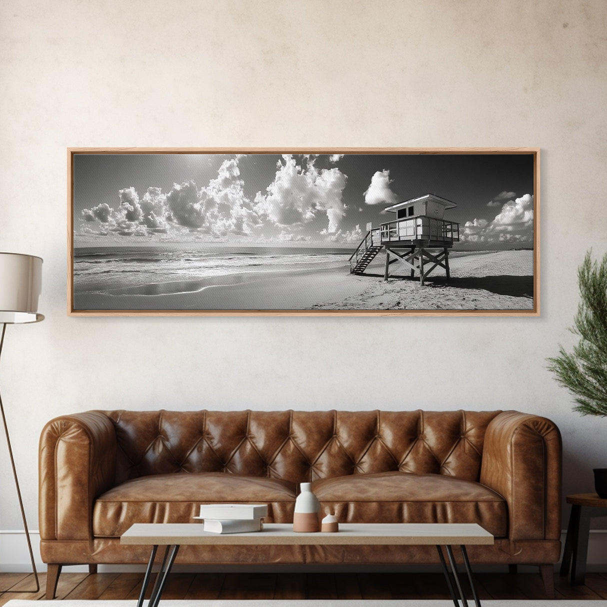 Lifeguard Tower Sky, Beach Scene Clouds, Surfside Minimalism, Framed Canvas Print, Bathroom Wall Art, Modern Coastal Decor