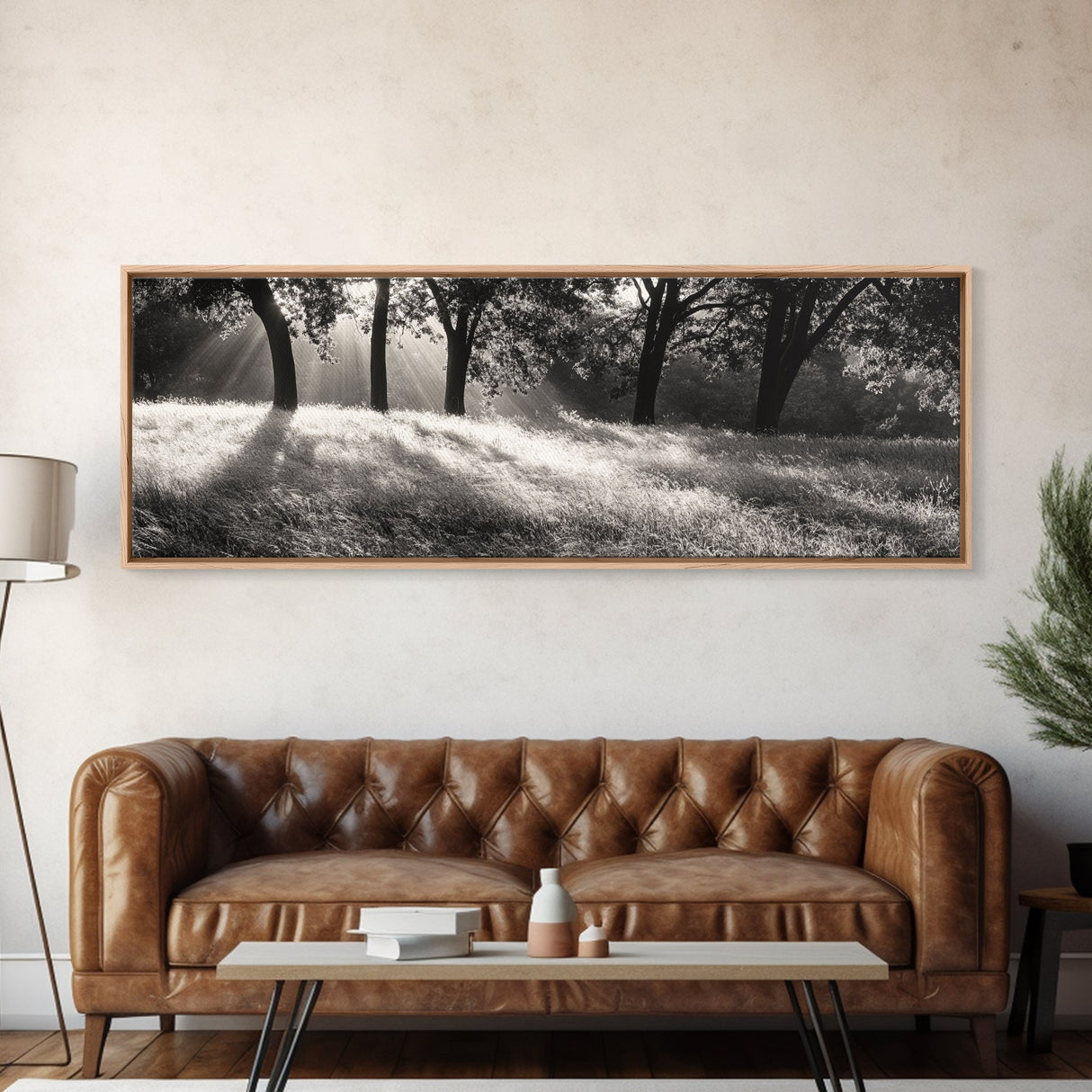 Sunrays Meadow, Tree Light, Golden Hour, Framed Canvas Print, Fall Living Room Art, Rustic Nature Decor, Warm Toned Landscape