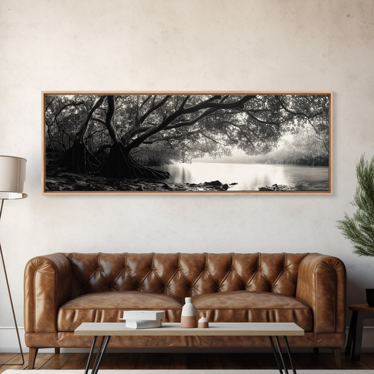 Mangrove Forest, River Flow, Rooted Stillness, Canvas Print, Zen Office Decor, Moody Jungle Art, Monochrome Nature Print