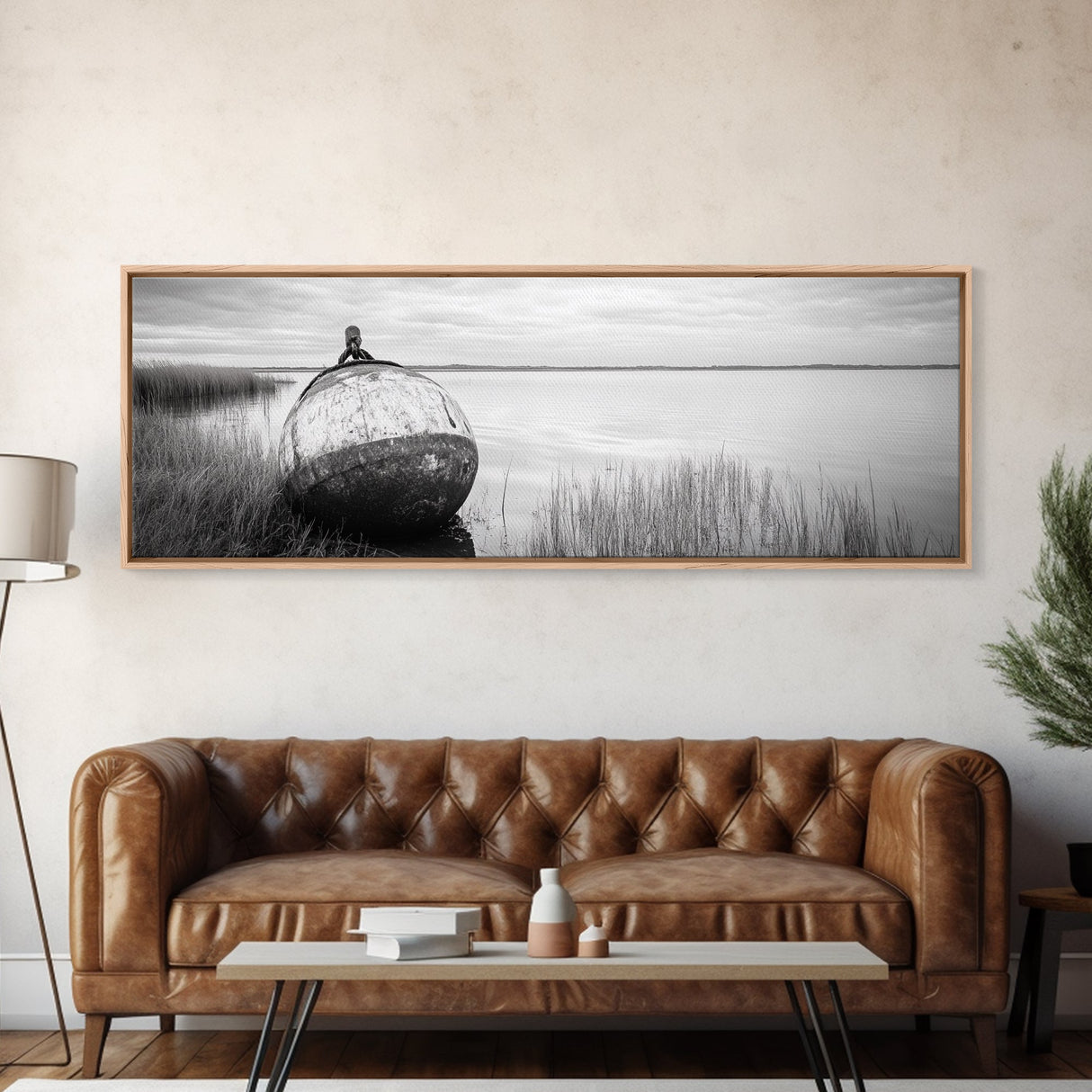 Coastal Buoy, Still Waters, Nautical Calm, Framed Canvas Print, Lakeside Bathroom Art, Maritime Style, Rustic Ocean Decor
