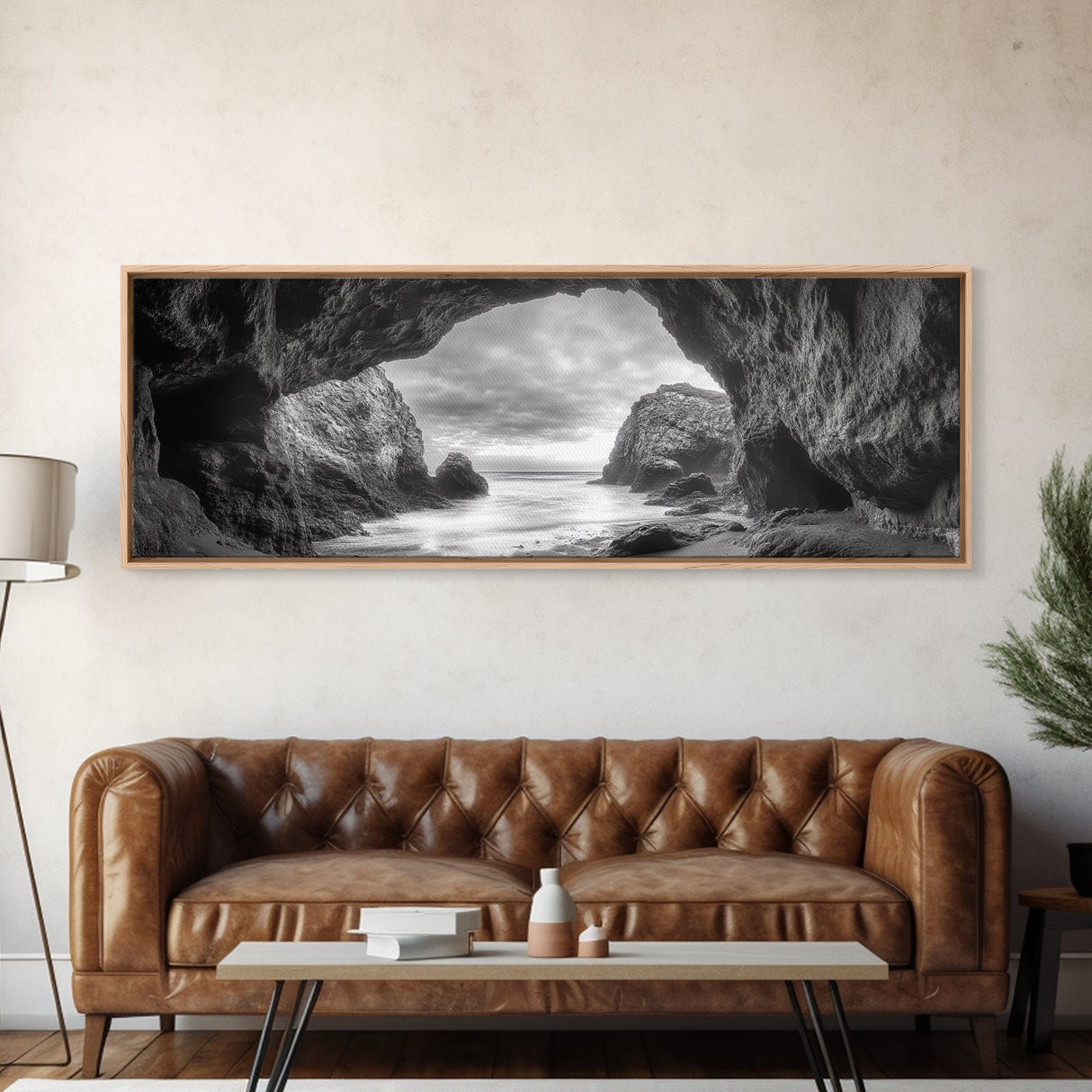 Sea Cave View, Coastal Rock Art, Monochrome Seascape, Framed Canvas Print, Bathroom Wall Art, Nature Photography, Moody Ocean Decor