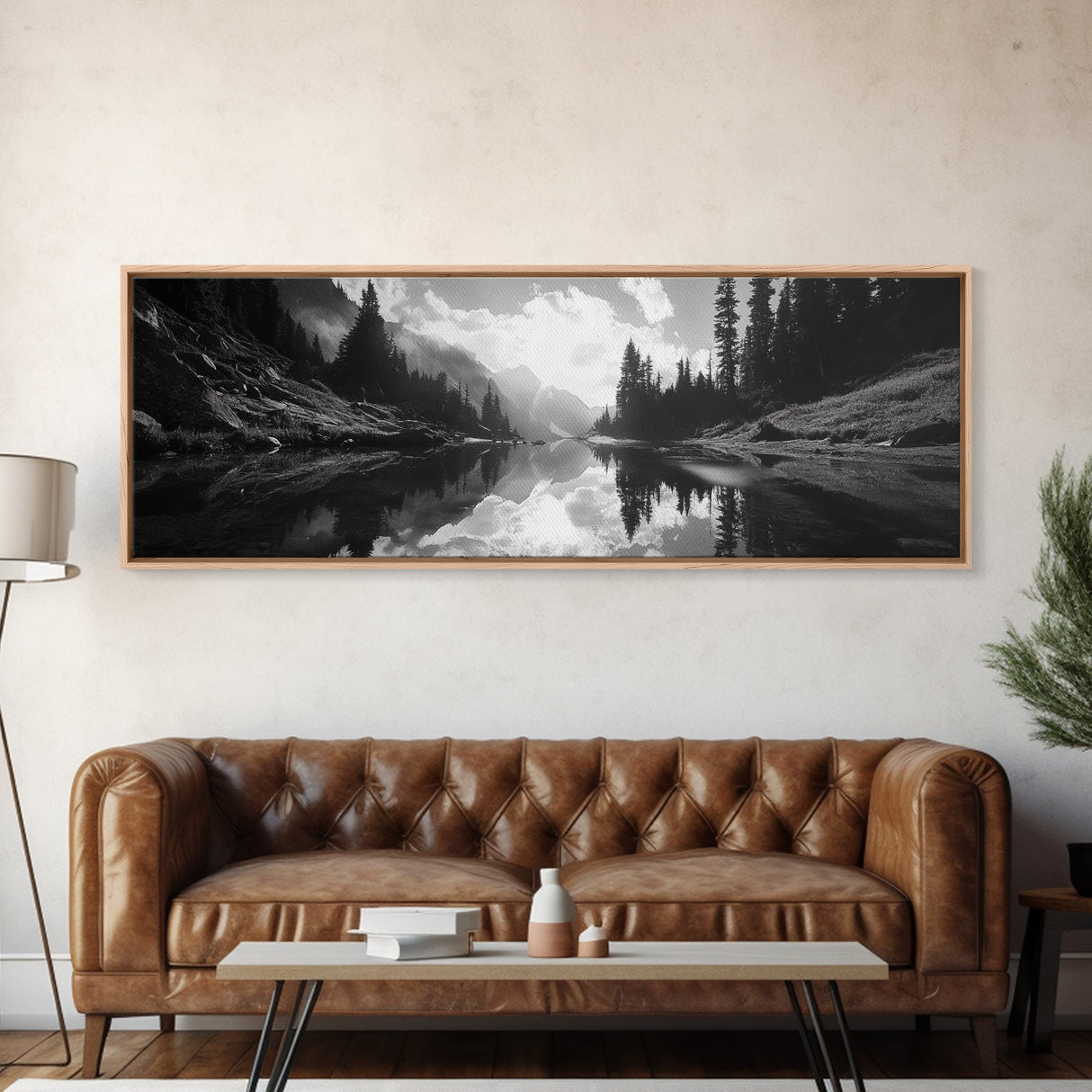 Alpine Lake Scene, Black and White Forest, Serene Mountain Print, Framed Canvas Print, Rustic Wall Art, Cabin Living Room Decor