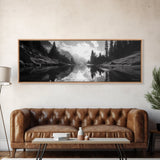Alpine Lake Scene, Black and White Forest, Serene Mountain Print, Framed Canvas Print, Rustic Wall Art, Cabin Living Room Decor