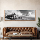 Seaside Bar, Beach Café, Oceanfront Dining, Cloudy Sky, Framed Canvas Print, Kitchen Wall Art, Black and White Tropical Art, Travel Decor