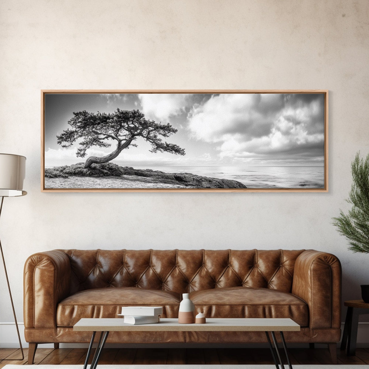 Windswept Tree, Coastal Nature, Ocean Cliff View, Framed Canvas Print, Zen Wall Art, Minimalist Decor, Calm Living Room Accent