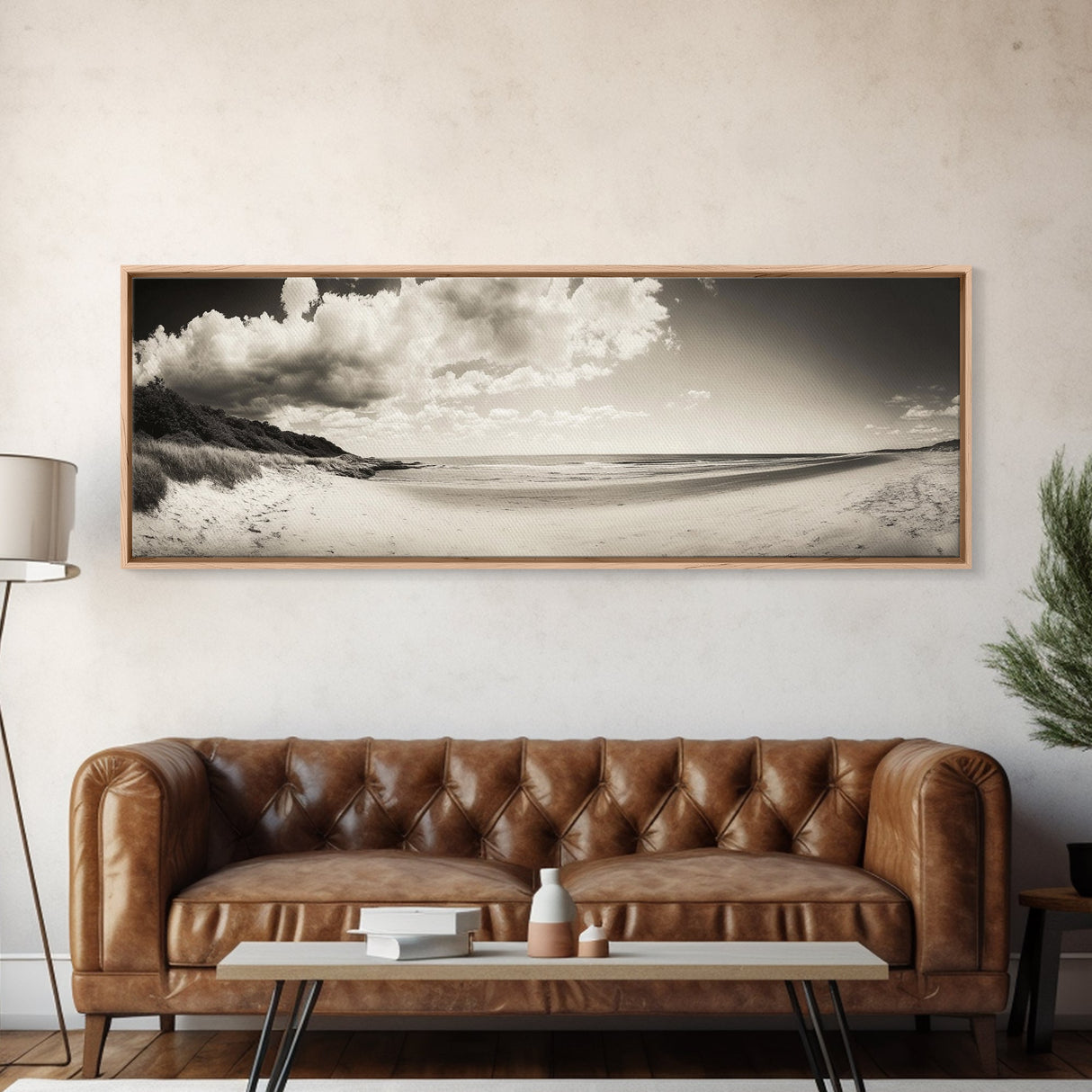 Cloudy Beach, Sandy Shoreline, Coastal Serenity, Framed Canvas Print, Neutral Tones Wall Art, Minimalist Bathroom or Hallway Decor