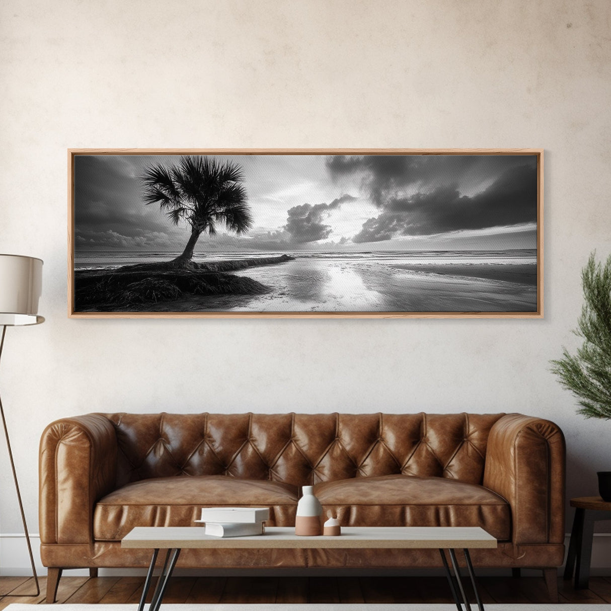 Solitary Palm Tree, Ocean Storm, Moody Landscape, Beach Wall Decor, Framed Canvas Print, Coastal Living Room Art, Monochrome Photography