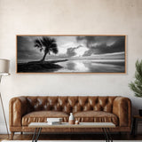 Solitary Palm Tree, Ocean Storm, Moody Landscape, Beach Wall Decor, Framed Canvas Print, Coastal Living Room Art, Monochrome Photography