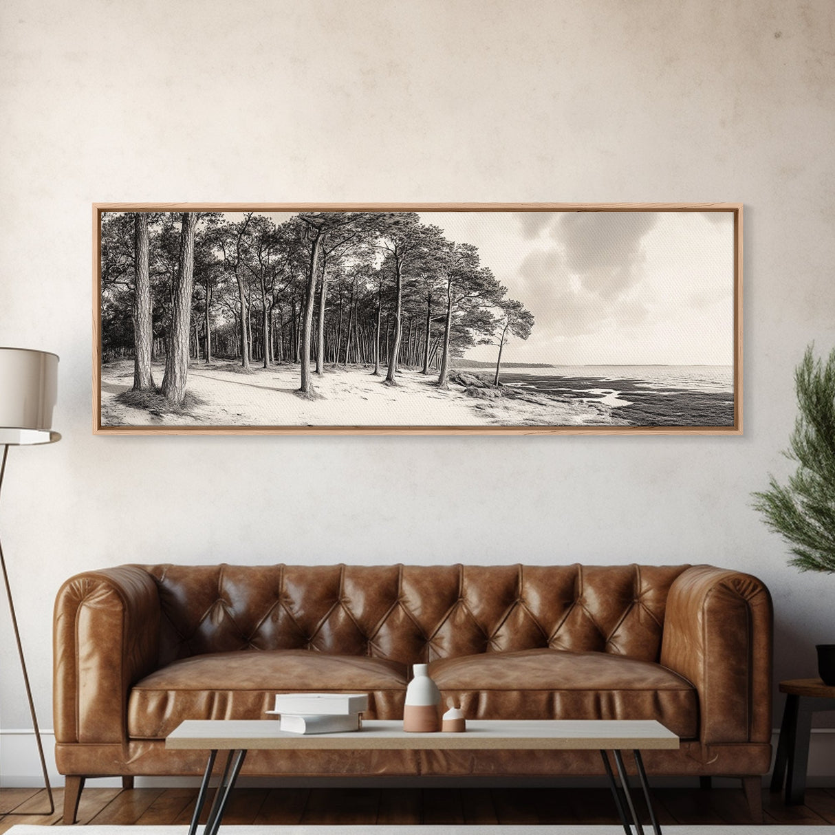 Pine Forest Coast, Tranquil Wilderness, Shoreline Trees, Earthy Coastal Scene, Framed Canvas Print, Rustic Wall Art, Autumn Cabin Decor