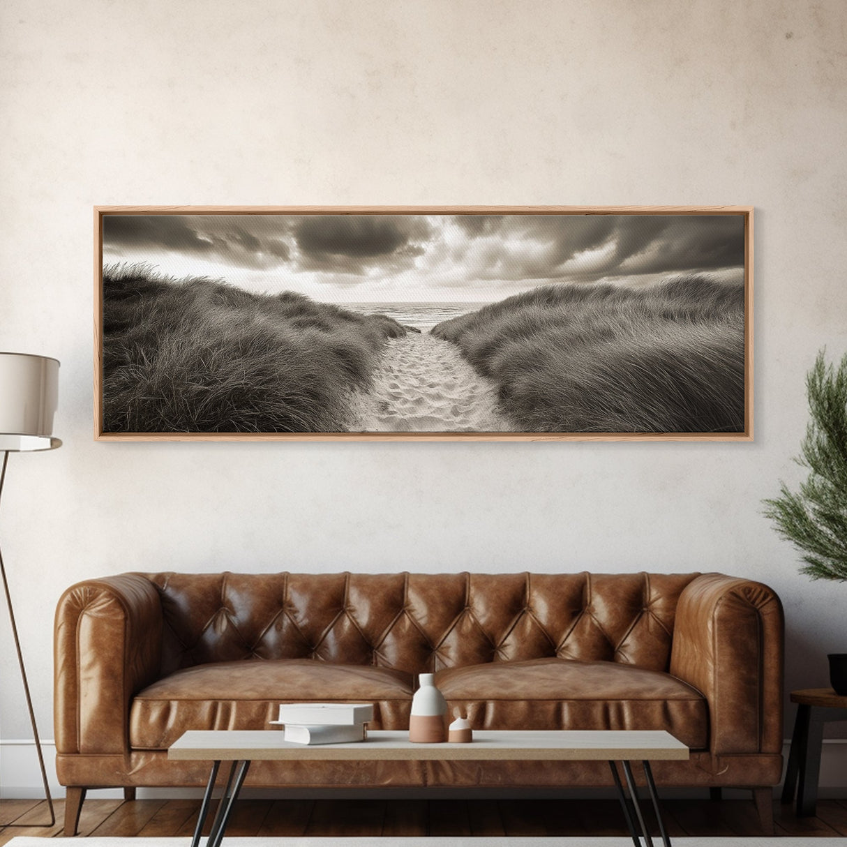 Sandy Dune Path, Grassy Trail, Seaside Journey, Beach Nature Scene, Framed Canvas Print, Minimalist Wall Art, Autumn Coastal Decor