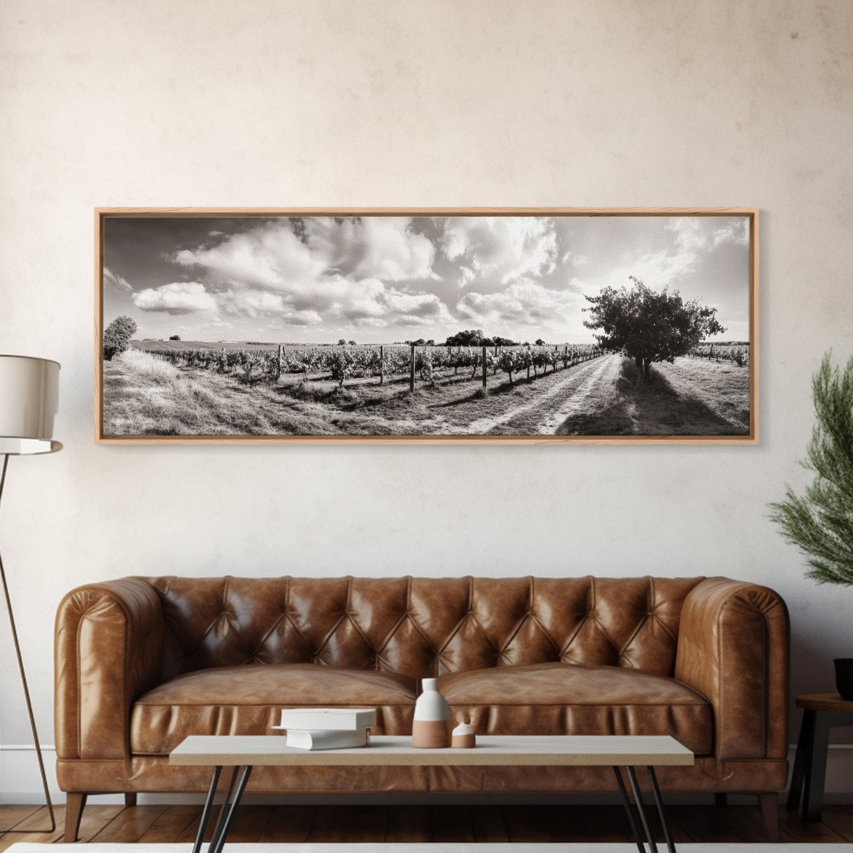 Vineyard Rows, Sunny Fields, Cloudy Sky, Canvas Print, Rustic Country Decor, Dining Room Wall Art, Wine Country Landscape, Farmhouse Style