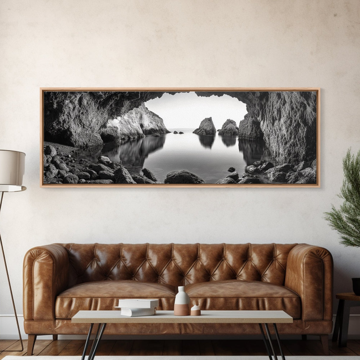 Sea Cave View, Ocean Reflections, Nature Escape, Framed Canvas Print, Beach House Wall Art, Zen Decor, Black and White Coastal Style