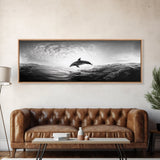 Ocean Dolphin Jump, Seascape Art, Black White Photography, Coastal Wall Decor, Canvas Print, Minimalist Bathroom Wall Art, Nautical Style