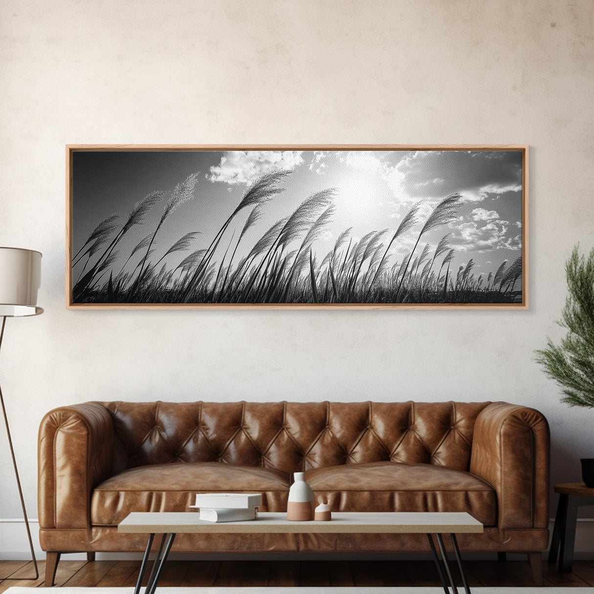 Windy Grass Field, Sunlit Sky, Nature Movement, Prairie Glow, Framed Canvas Print, Fall Wall Art, Living Room Decor, Boho Rustic Aesthetic