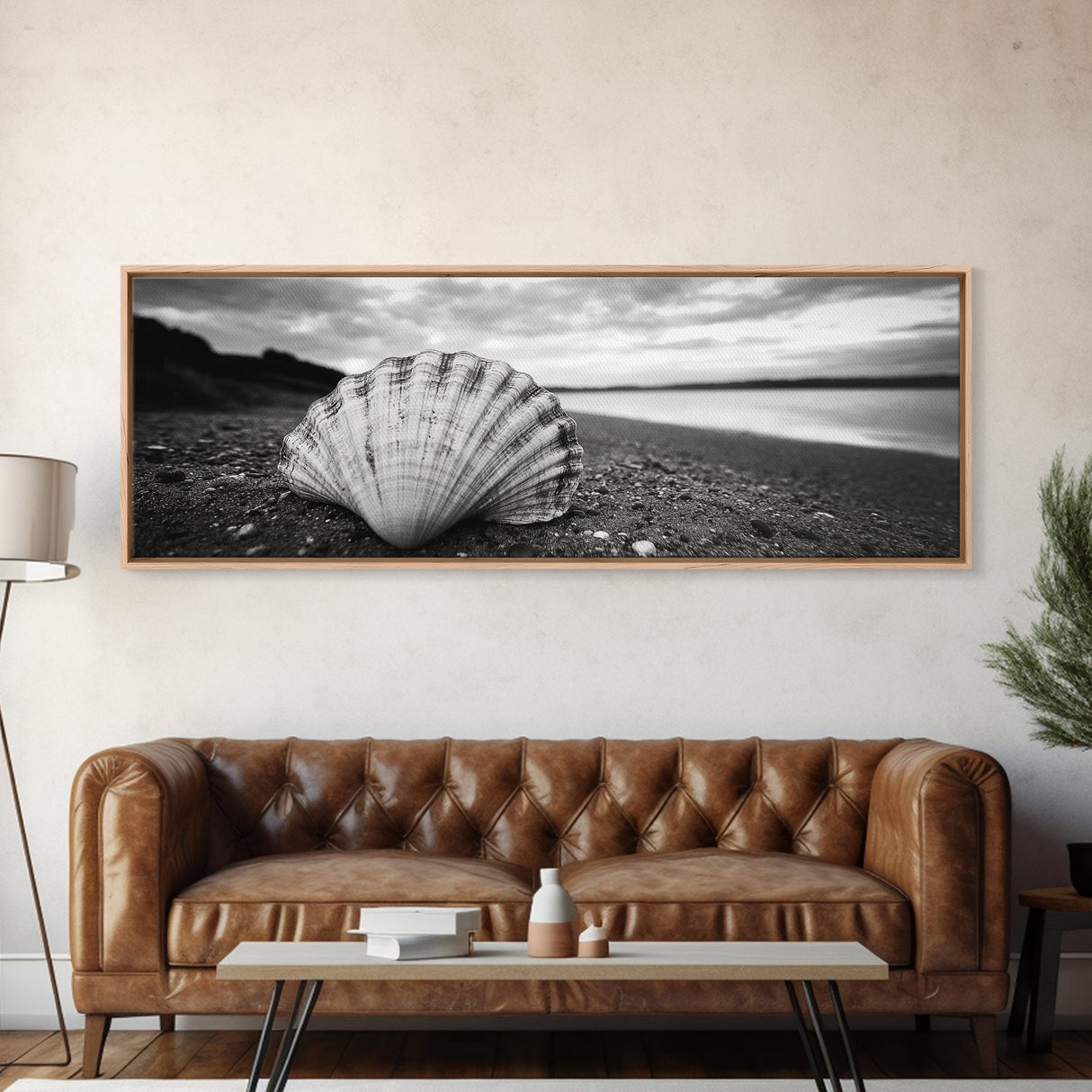 Shell on Shore, Monochrome Coastal, Canvas Print, Boho Wall Art, Bathroom Wall Decor, Natural Beach Aesthetic, Ocean Inspired Art